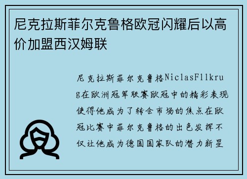 尼克拉斯菲尔克鲁格欧冠闪耀后以高价加盟西汉姆联