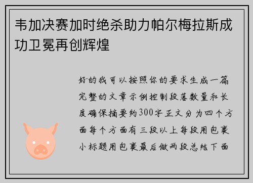 韦加决赛加时绝杀助力帕尔梅拉斯成功卫冕再创辉煌